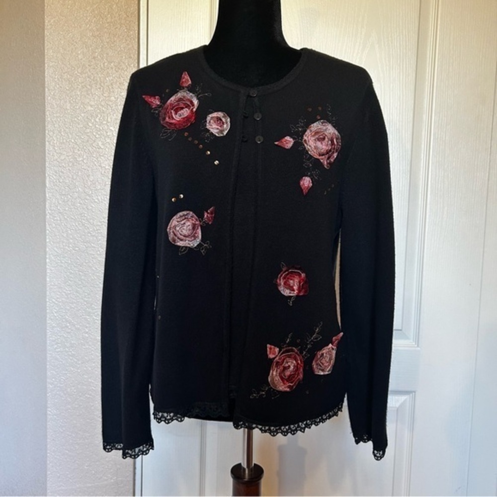 Vintage Koret Petites Black with‎ Ribbon Embroidery Twinset Cardigan Size Medium